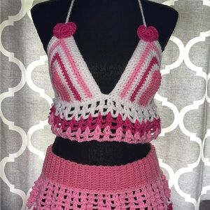 Pink and White Crochet Skirt Set